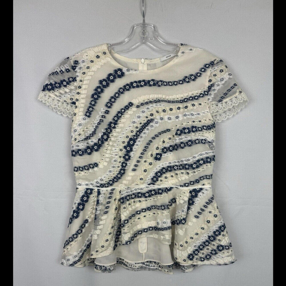 Erdem Pauletta Top Floral Suzu Swirl Ivory Blue Size 10 US, 46 IT